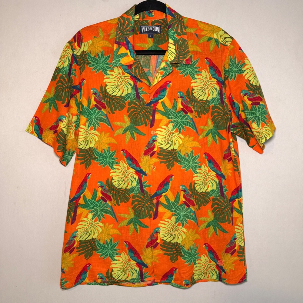 Vilebrequin Hawaiian Parrot Shirt Mens L Orange‎ Cotton Linen Camp Tropic Resort